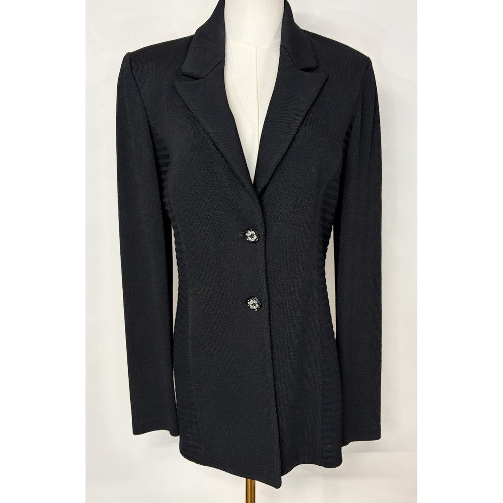 St John Evening Marie Gray Vintage Black Knit Blazer Jeweled Buttons Size 6 USA - Picture 3 of 10
